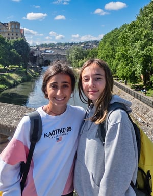 Dos estudiantes del programa de idiomas de InterWay en Bath College posando sonrientes sobre un puente de piedra, con un río flanqueado por árboles y zonas verdes detrás de ellas.