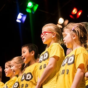 Un grupo de niños y niñas con camisetas amarillas del programa de InterWay cantando y actuando en fila bajo los focos del teatro en Irlanda.