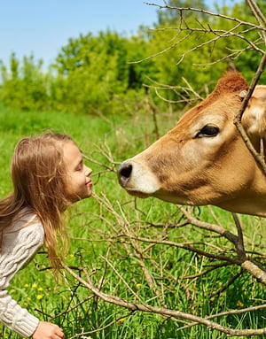 Primer plano de una niña interactuando amigablemente cara a cara con una vaca marrón entre la vegetación durante el campamento rural Farmstay de InterWay en Irlanda.