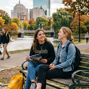 Dos estudiantes del programa de InterWay charlan animadamente sentadas en un banco frente a un lago con árboles de colores otoñales.