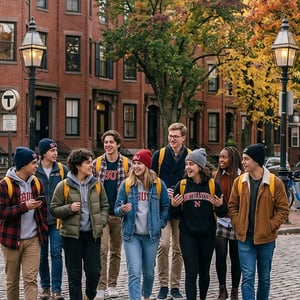 Grupo de estudiantes del curso de idiomas de InterWay paseando juntos por una calle con tradicionales casas de ladrillo en Estados Unidos.
