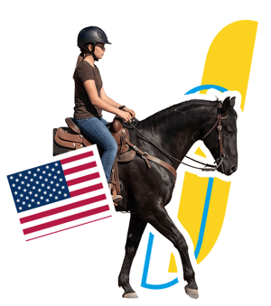 Una estudiante montando a caballo en un rancho de InterWay, integrado con la bandera de Estados Unidos y gráficos amarillos