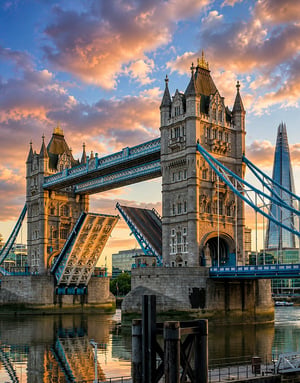 El emblemático puente de la Torre de Londres (Tower Bridge) con sus pasarelas levadizas abiertas bajo un cielo de atardecer, visita principal en el viaje de idiomas de InterWay.