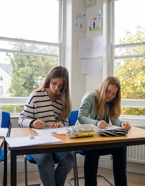 Dos estudiantes del programa de idiomas de InterWay en Oxford Brookes University sentadas juntas en un aula luminosa, concentradas mientras realizan tareas en sus cuadernos junto a la ventana.