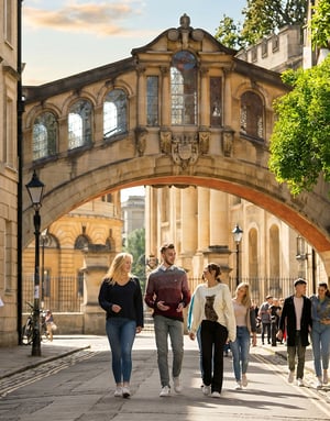 Alumnos de InterWay paseando bajo el famoso Puente de los Suspiros (Hertford Bridge) en el centro histórico de la ciudad universitaria de Oxford.