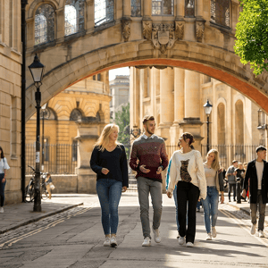 Alumnos de InterWay paseando bajo el famoso Puente de los Suspiros (Hertford Bridge) en el centro histórico de la ciudad universitaria de Oxford.