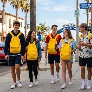 Cuatro estudiantes del curso de inglés de InterWay en California caminan juntos por una acera soleada llevando mochilas amarillas corporativas.