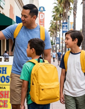 Monitor o padre de la familia de acogida habla cariñosamente con dos estudiantes equipados con mochilas de InterWay en una calle típica de California.