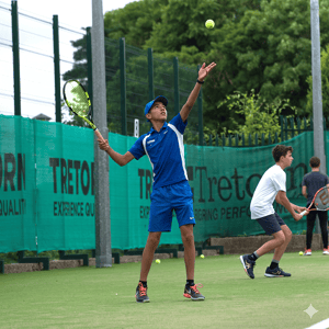 Un joven jugador con gorra y equipación azul lanza la pelota al aire para realizar un saque de tenis en el Tennis Camp de InterWay en Irlanda.