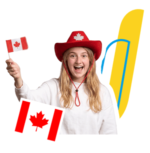 Estudiante con sombrero rojo sosteniendo banderas de Canadá para el programa de InterWay, integrado con gráficos corporativos amarillos.