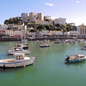 Vista panorámica del puerto deportivo de Torquay en Inglaterra, con barcos y lanchas amarrados en aguas verdosas frente a los edificios de la costa.