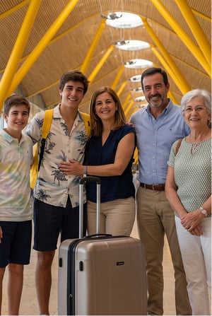 Madre de Carlos sonriente junto a su hijo con maleta y su familia en el aeropuerto antes de un viaje de estudios