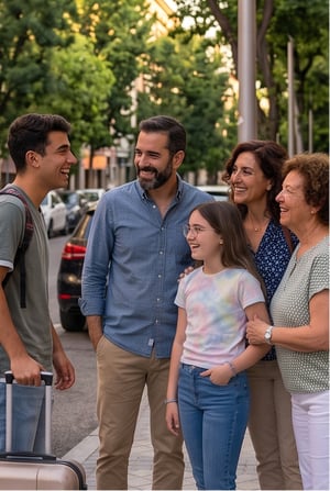 Padre de Alejandro conversando y sonriendo con su familia en la calle durante la despedida o reencuentro de su viaje lingüístico